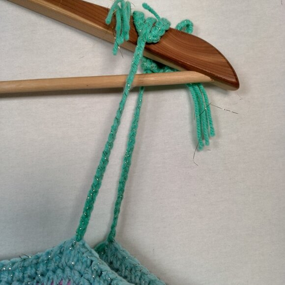 Homemade Crochet Tube Top L/XL Rainbow Pastel Gold Metallic Glitter Tie Cropped - Picture 8 of 12